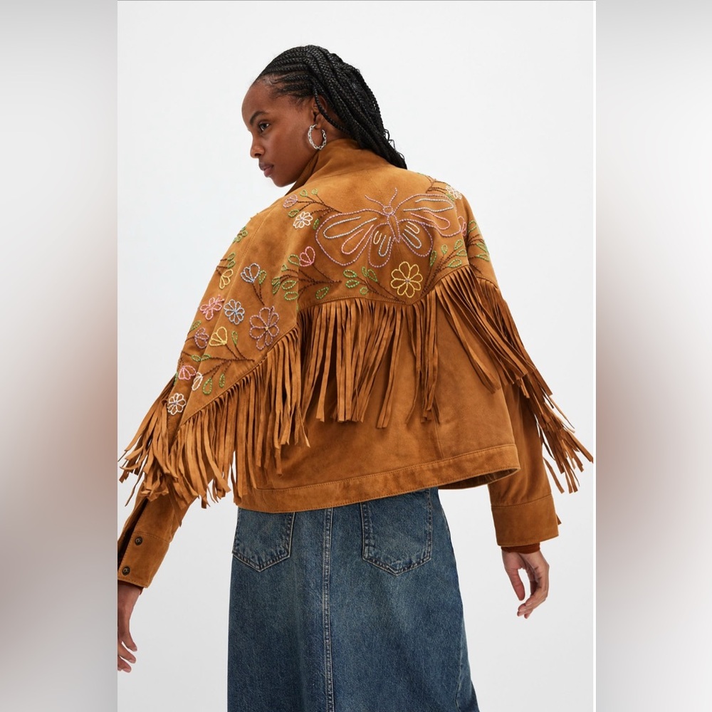 Free People Willa Western Bomber Brown Leather Jacket Fringe Embroidery L XL